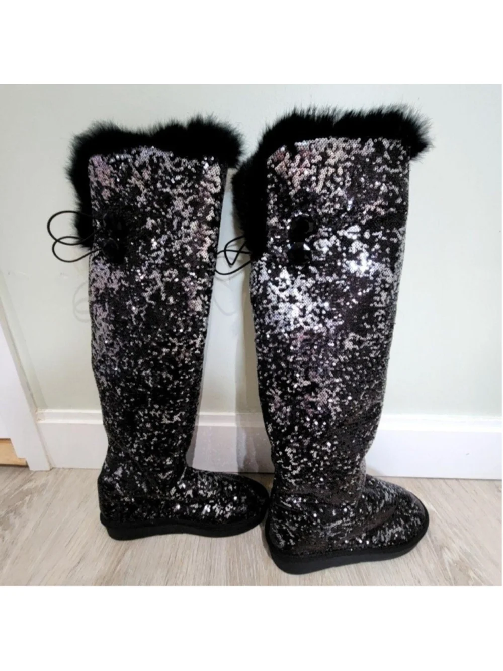 Sequin Snow Boots Womens 8 Black Over The Knee Faux Fur Wedge Winter Party